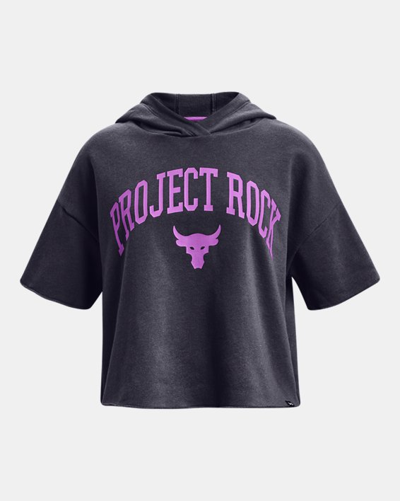 Girls' Project Rock Rival Fleece Script Short Sleeve Hoodie, Gray, pdpMainDesktop image number 0